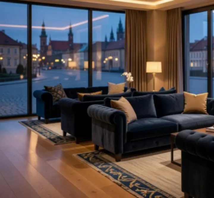 Nowoczesne wnętrze Lounge z nastrojowym oświetleniem w PRIMESET LIMITED