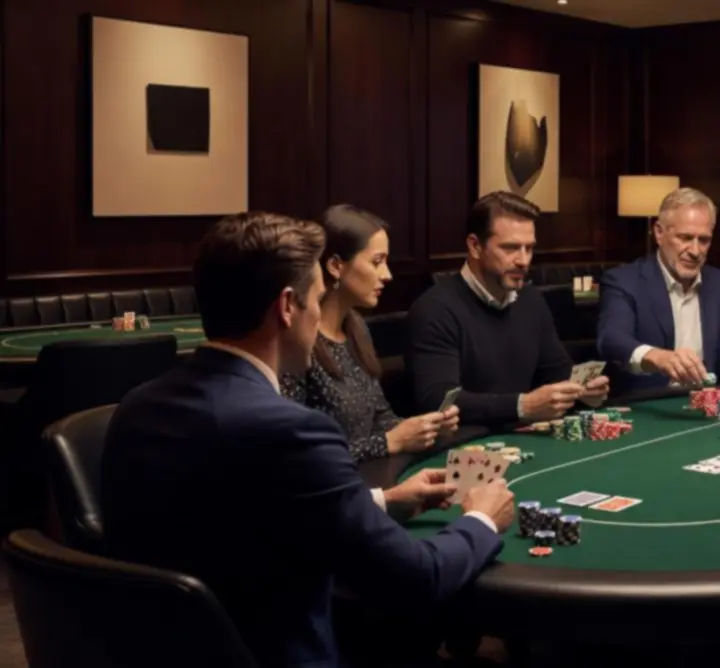 Stylowy poker lounge z profesjonalnymi stołami i nastrojowym oświetleniem.
